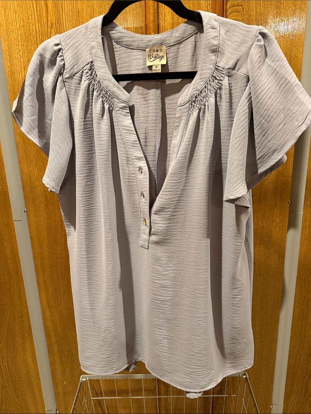 Como Vintage Lavender-Gray Flutter Sleeve Notch Neck Blouse